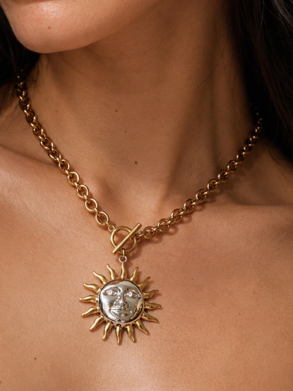 Gold Sun Pendant Chunky Chain Necklace - Women Jewelry